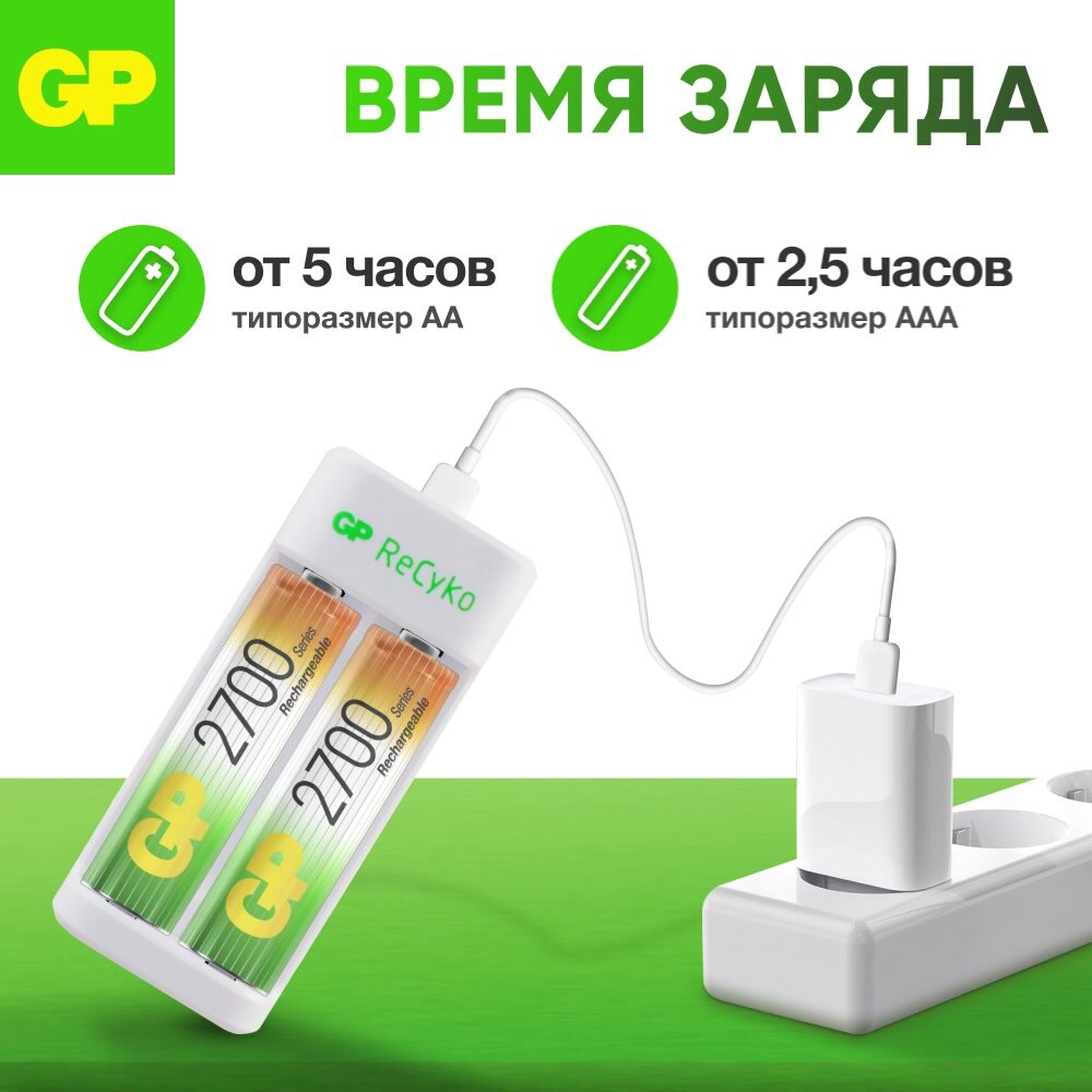 Зарядное устройство GP для аккумуляторных батареек АА и ААА, на 2 слота, с аккумуляторами 2700 mAh, набор 2 шт, с кабелем micro USB — фото 1
