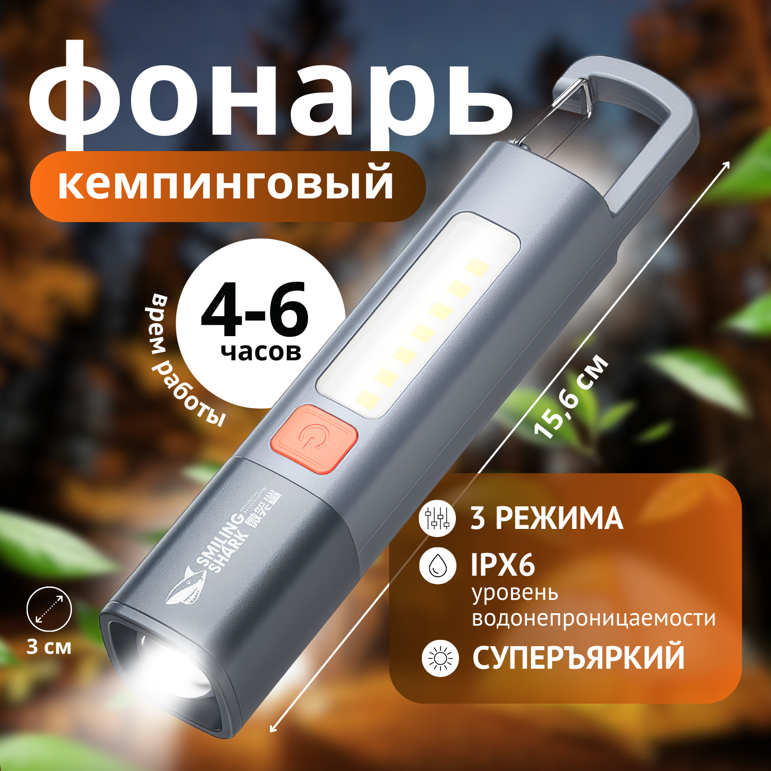 Фонарик, кемпинговый, портативный, серый, супер яркий, легкий, 3 режима света, быстрая USB - зарядка