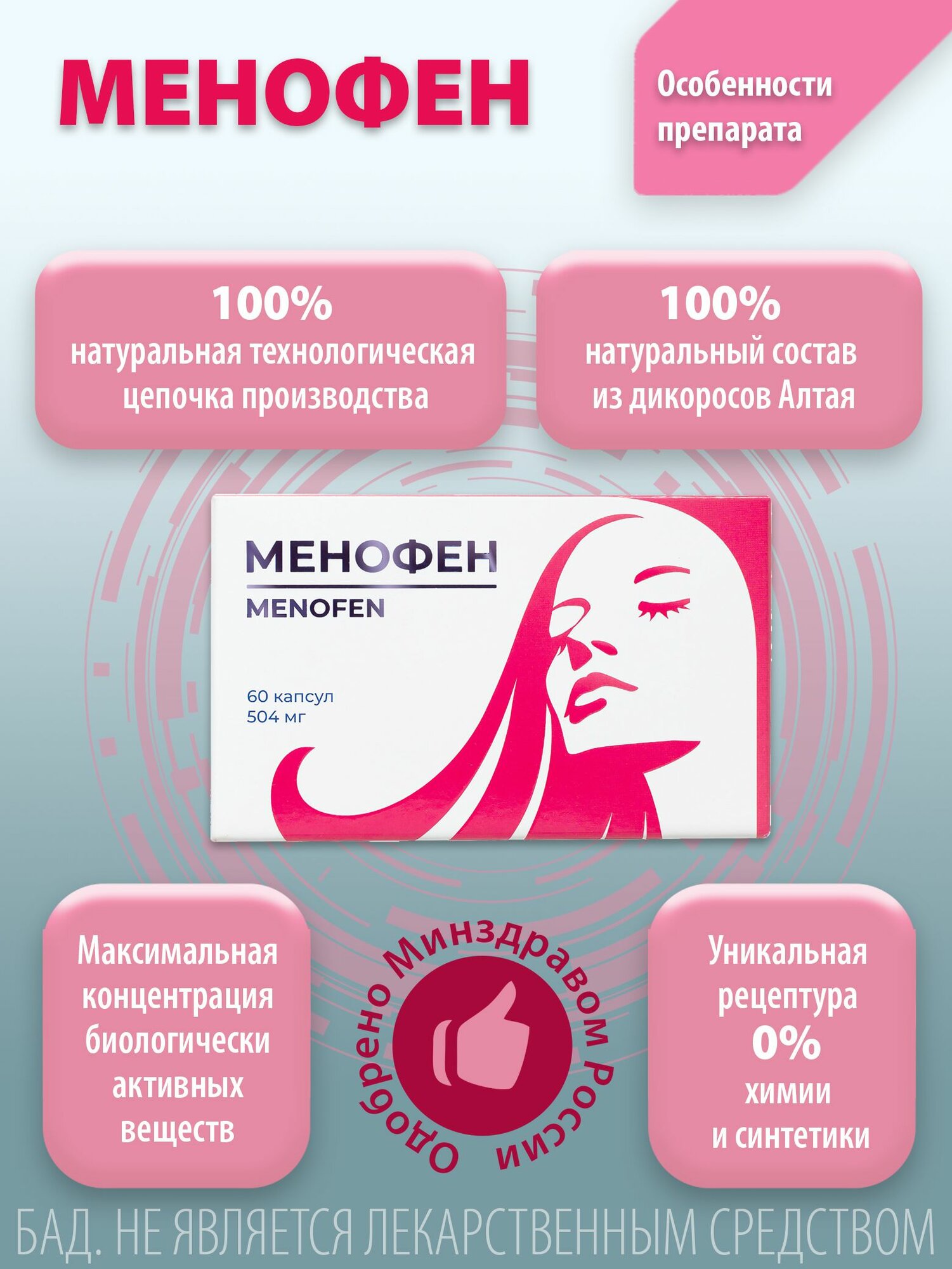 Изображение Источник фитоэстрогенов для снижения проявлений симптомов климакса "Менофен", 60 капсул
