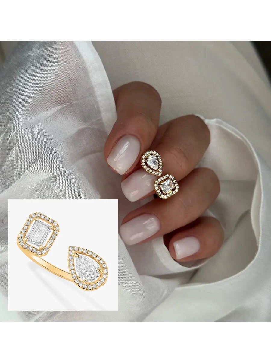 Кольцо, кристалл, циркон, фианит, безразмерное, золотой, бесцветный, желтый