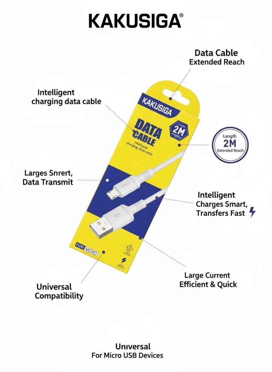 Кабель KAKUSIGA, для Micro USB, 2m, белый/желтый, огнестойкий, малодымный — фото 1