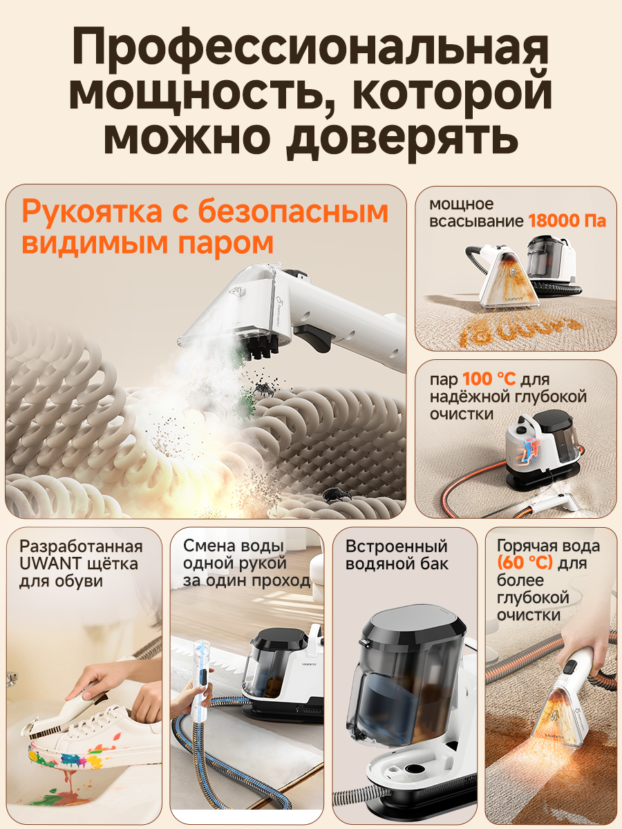Моющий пылесос UWANT Y100 Steam, 18000 Па, 1750 Вт, Пар 100 °C, Автоочистка , Для мебели диванов ковров обувь кухня — фото 1