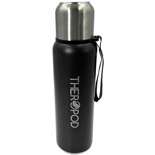 Термос для напитков THEROPOD TP-10 0.75L, нержавеющая сталь, крышка-чашка, пробка винтовая, ситечко, чёрный