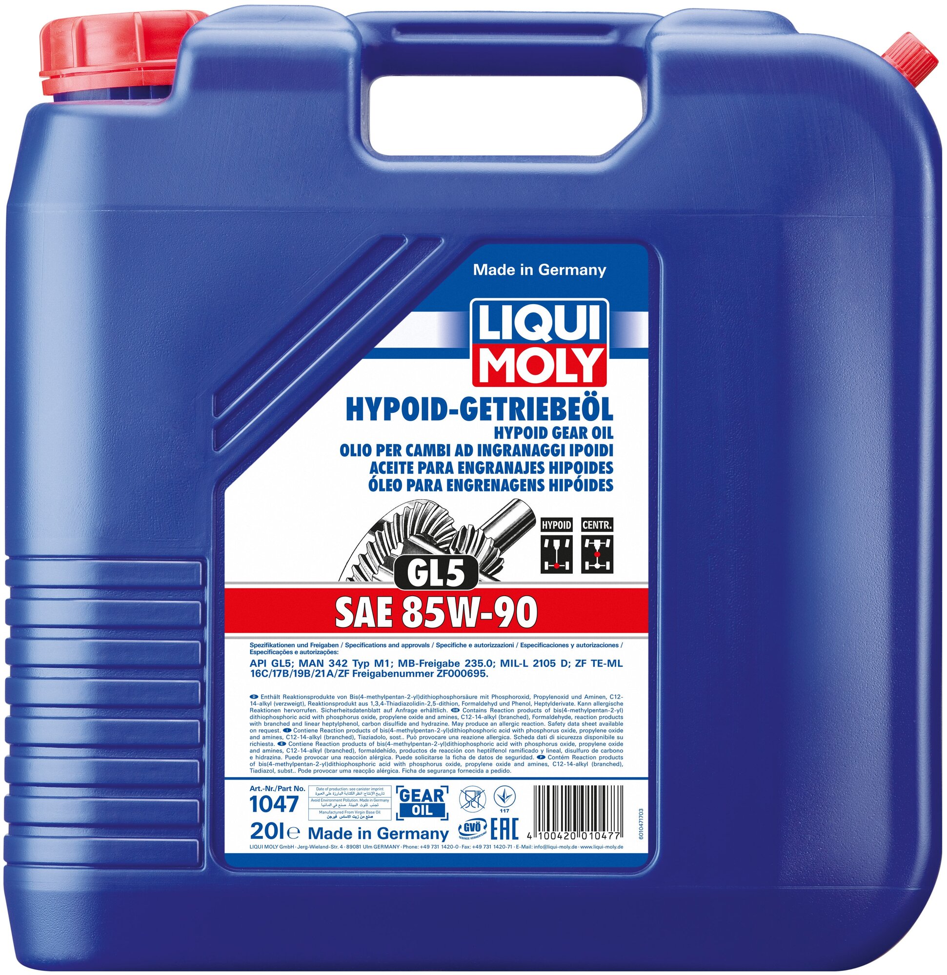 LIQUI MOLY 1047 Масло трансмиссионное 85W90 (20L) Hypoid Getriebeoil API GL-5, MB-Freigabe 235.0, MIL-L 2105 D, ZF TE-ML 16C/17B/19B/21A, ZF Freigabenummer ZF000695,