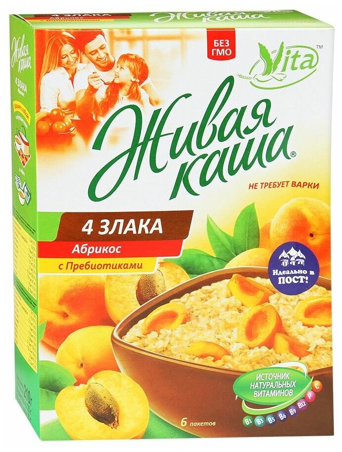 Vita Живая каша 4 злака с абрикосом, витаминами, пребиотиками, 210 г 6 пак по 35 г