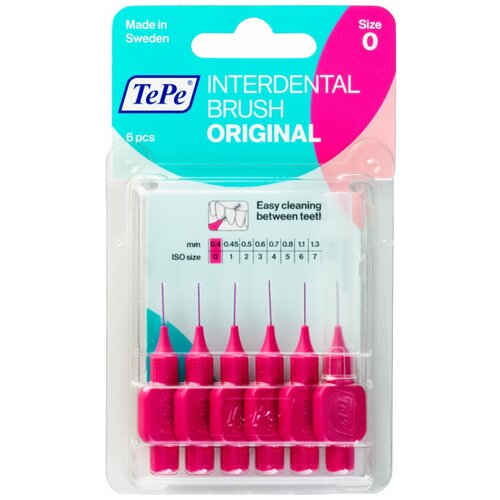 Зубной ершик TePe Original 0, pink, 6 шт., диаметр щетинок 0.4 мм межзубные ершики tepe angle pink 0 4 мм