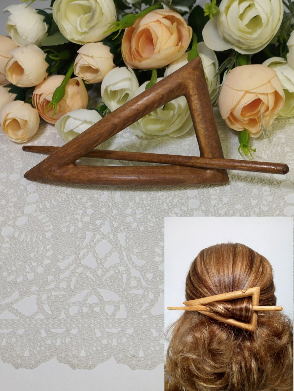 Заколка для волос Треугольник из сибирского кедра ручной работы, коричневая / Украшение ЭКО из дерева