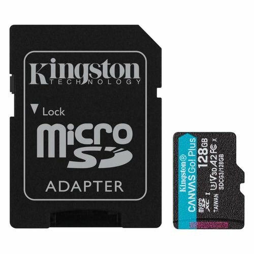 Карта памяти microSDXC UHS-I U3 Kingston Canvas Go! Plus 128 ГБ, 170 МБ/с, Class 10, SDCG3/128GB, 1 шт, переходник SD