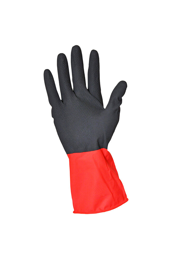 Перчатки хозяйственные Рифленая поверхность, удлиненная манжета, повышенная прочность, 2-х цветные Black/Red, длина 300 мм. размер M
