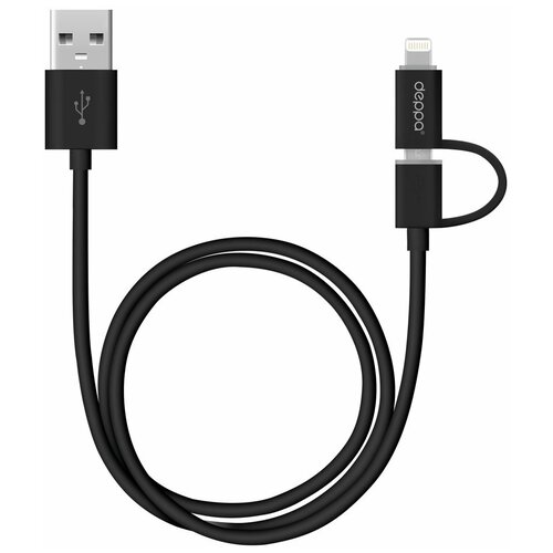 Deppa USB - microUSB/Lightning (72203/4), 1.2 м, черный дата кабель usb a micro usb поворотный 180˚ usb 2 0 1 2м алюминий нейлон черный deppa 72324