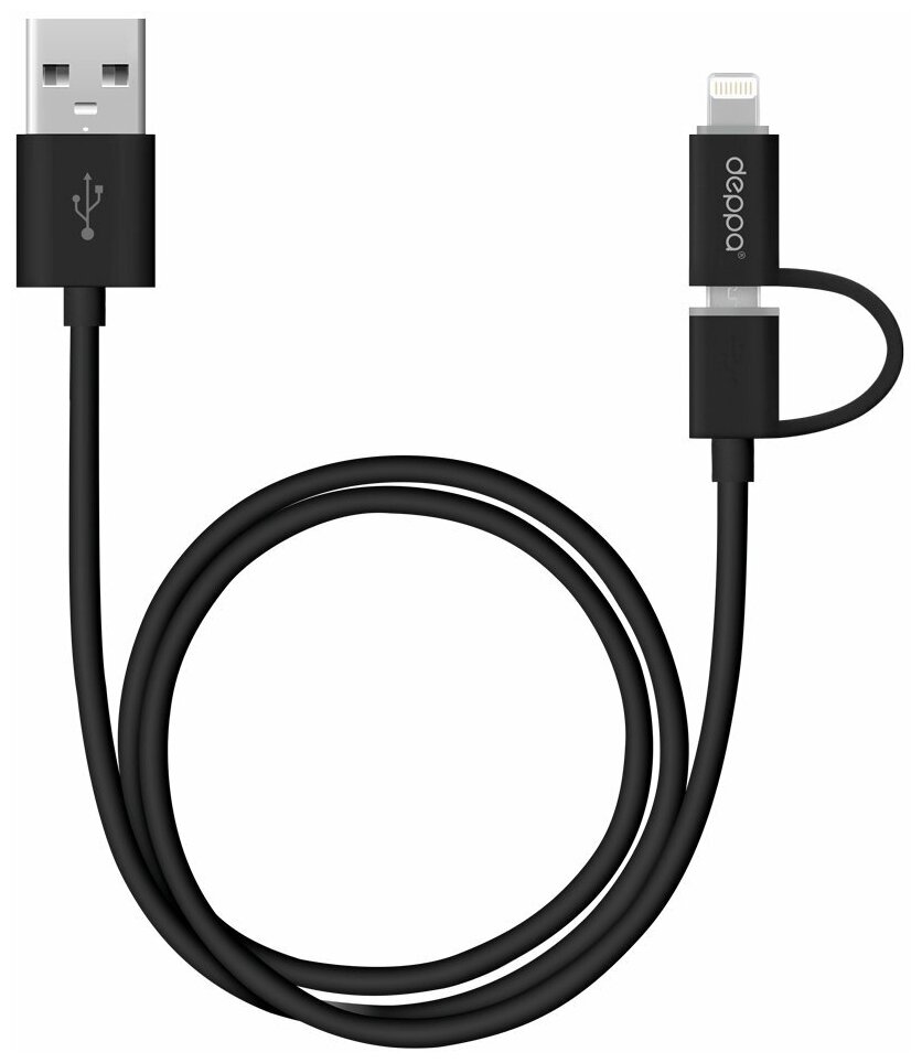 DEPPA 72204 дата-кабель USB 2 В 1: 8-PIN для APPLE, MICRO USB, 1.2М, черный, DEPPA DEPPA 72204