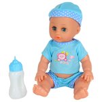 Кукла для девочек Пупс, умеет смеяться, пьет из бутылочки, писает в горшок, синий костюмчик, в/к 16*10,5*34 см - изображение
