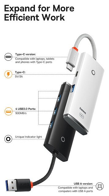 Хаб Baseus Lite Series 4-Port USB-A HUB Adapter (USB-A to USB 30x4 ) 1м (WKQX030401) черный