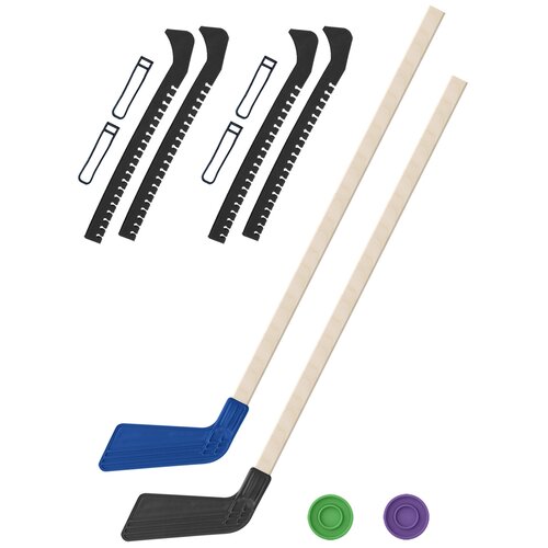 фото Набор зимний: 2 клюшки хоккейных синяя и чёрная 80 см.+2 шайбы + чехлы для коньков черные - 2 шт. винтер