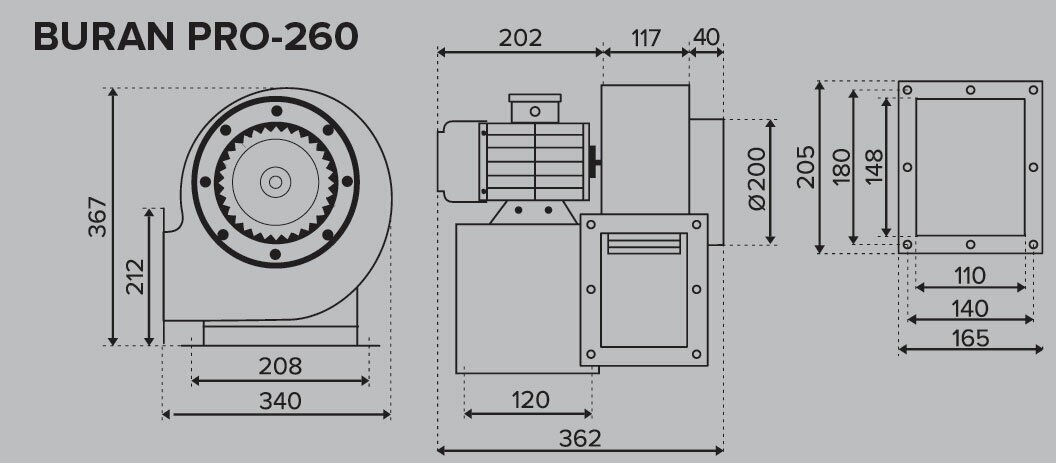 вентилятор радиальный d=200мм, фланец 117*212мм, buran pro 260 2k m r, правосторонний, 220в, эра Era Pro - фото №2