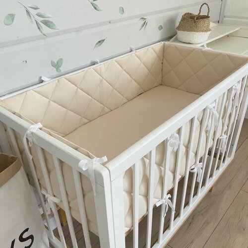 Бортики в кроватку для новорождённых стеганые MamiBro, 100% хлопок, 60х30 см - 2 шт, 120х30 см - 2 шт, светло бежевый