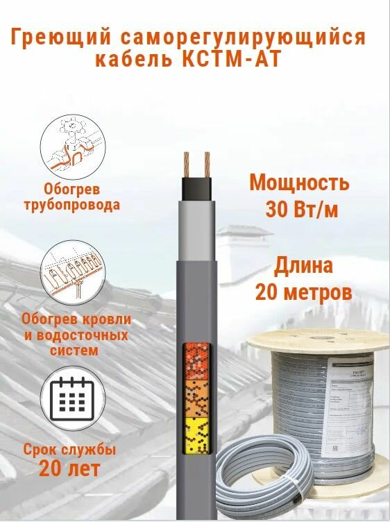 Греющий кабель для обогрева кровли и водостоков кстм-ат 30 Вт бухта 20 м.