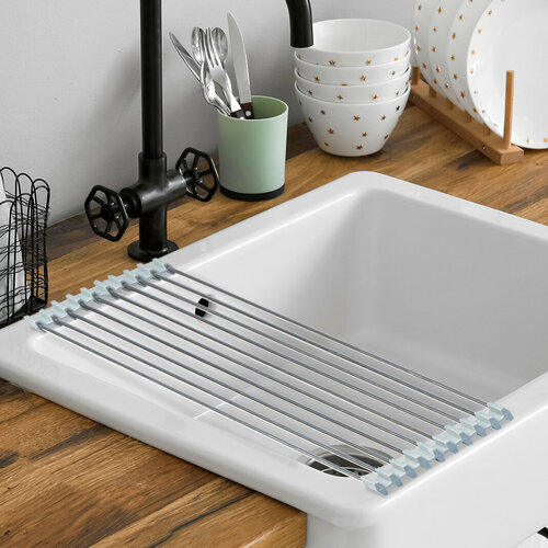 Сушилка для посуды металлическая раскладная с серыми краями на кухню