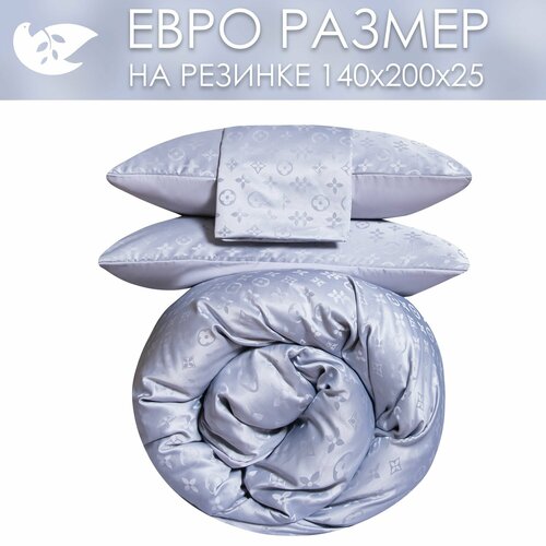 Постельное белье на резинке однотонное Евро голубое, сатин жаккард, на молнии, 2 наволочки 50x70 / Комплект постельного белья однотонный Евро 140 200 25, серо-голубое, размер евростандарт