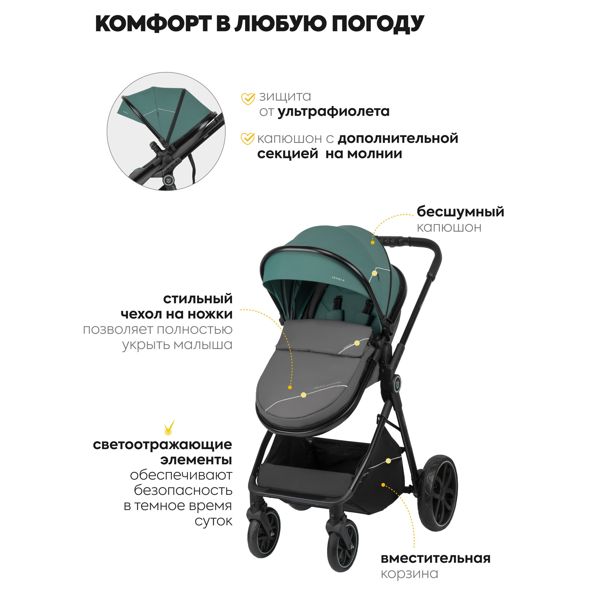 Коляска трансформер для новорожденных 3 в 1 Jovola Folk универсальная, всесезонная, зеленый — фото 1