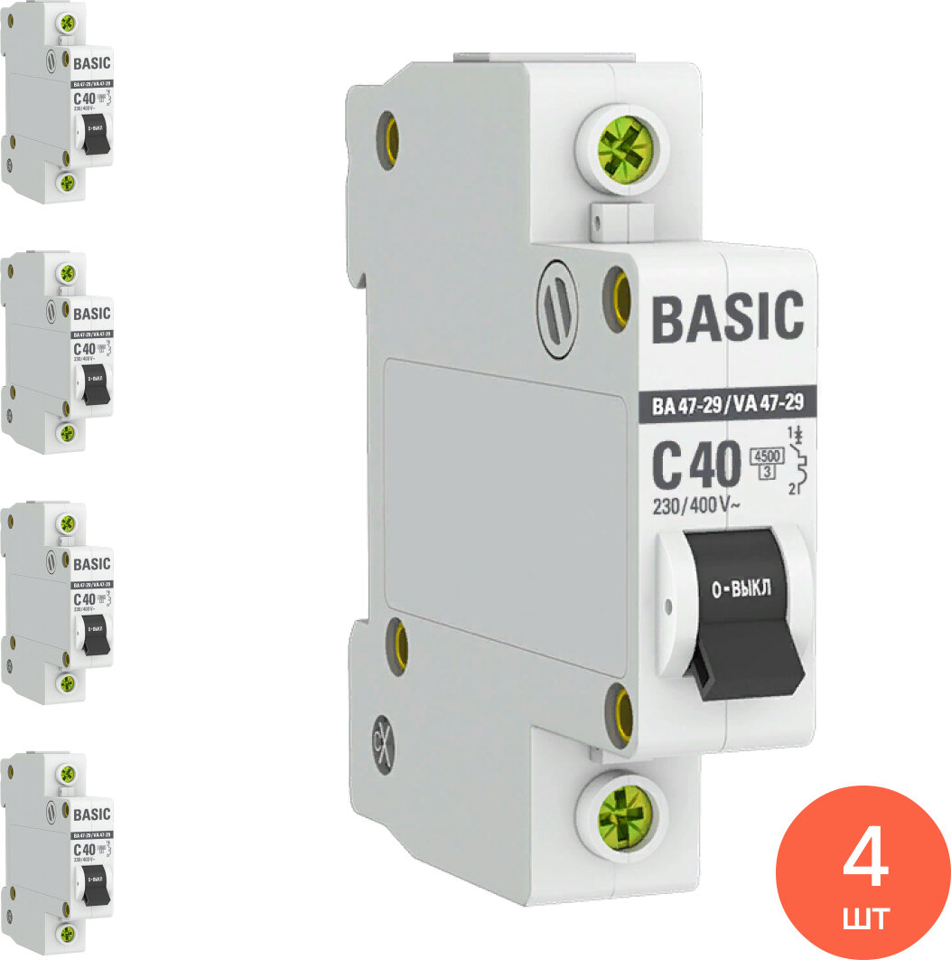 Автоматический выключатель EKF / ЕКФ ВА 47-29 Basic 1Р 40А характеристика С 4.5кА mcb4729-1-40C / электроавтомат (комплект из 4 шт)