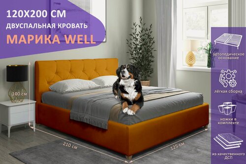 Изображение товара Двуспальная кровать Марика WELL 120х200 см, с ортопедическим подъемным механизмом, цвет горчичный