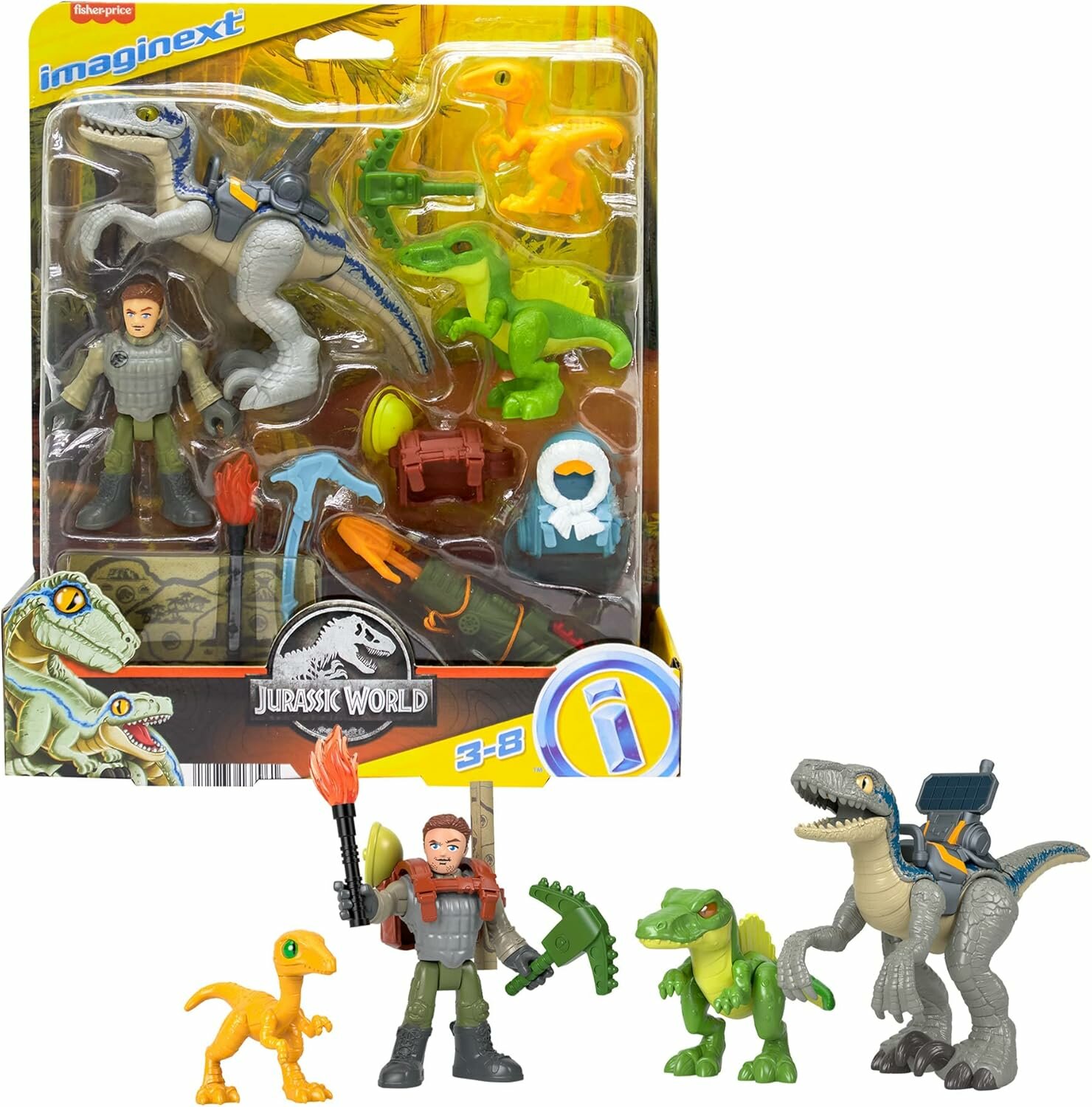 Игровой набор Fisher-Price Imaginext Jurassic World - Набор 3 динозавра из Мира Юрского периода и подвижная фигурка Оуэна Грейди - HND46