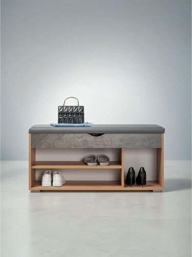 Изображение товара Обувница Лайт 08.58 Дуб Золотой CRAFT, Камень Темный с сиденьем и ящиком, пуфик с полками для обуви, низкая подставка под обувь в прихожую