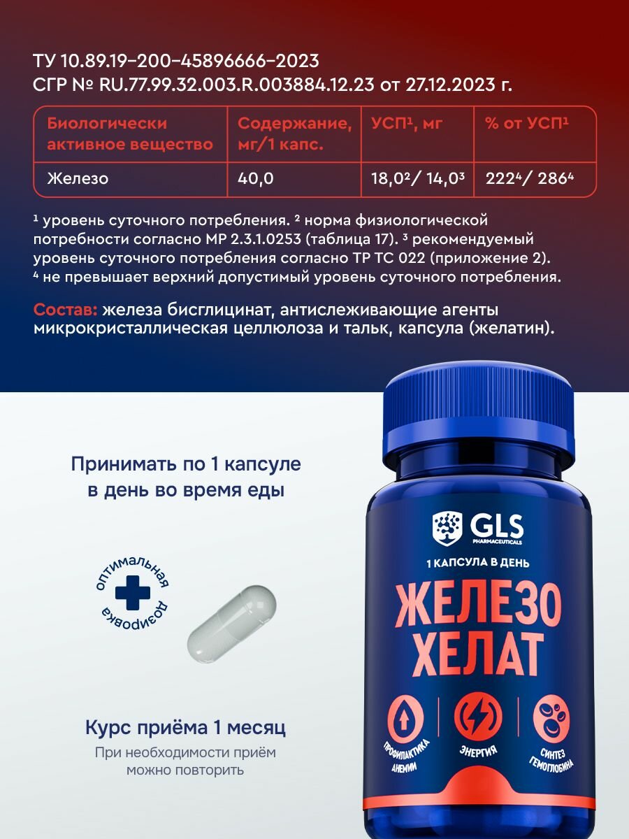 Железо Хелат GLS, витамины / бад для профилактики анемии и синтеза гемоглобина, 60 капсул — фото 1
