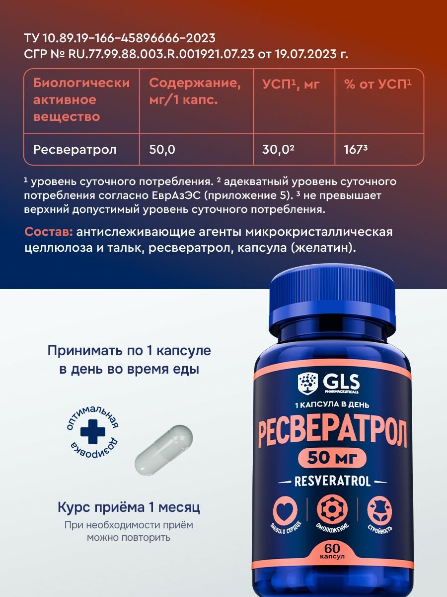 Картинки Ресвератрол 50 мг, витамины / бад для молодости, похудения, здоровья сердца и сосудов, 60 капсул