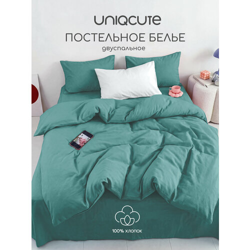 фото Однотонное постельное белье uniqcute 2-спальное, поплин, наволочки 50х70 см, темно-бирюзовый
