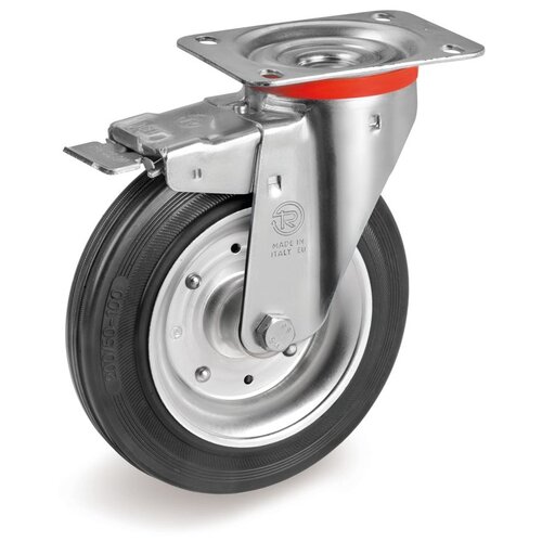 фото Колесо tellure rota 535426 поворотное тормозом, диаметр 200мм, грузоподъемность 230кг, черная резина, сталь