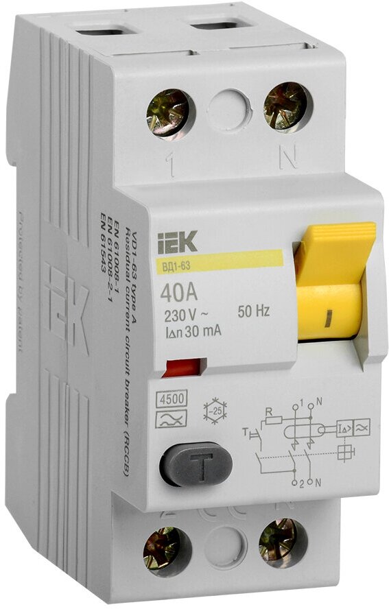 IEK KARAT Выключатель дифференциальный ВД1-63 (УЗО) 2Р 40А 30мА MDV10-2-040-030