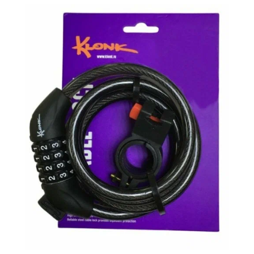 фото Замок противоугонный klonk для велосипедов и самокатов кодовый 150 см, трос 1 см, держатель на раму 10331