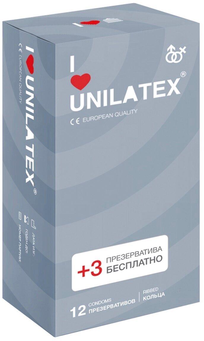 Unilatex / Презервативы Unilatex Ribbed 12+3 шт, Поверхность с кольцами.