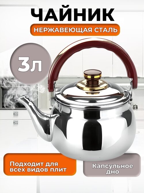 Чайник для всех видов плит из нержавеющей стали, 3 л.