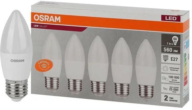 Лампа Светодиодная OSRAM Экопак Свеча E27 7Вт 220В 4000К свет Нейтральный белый (5шт/уп) упаковка 1шт