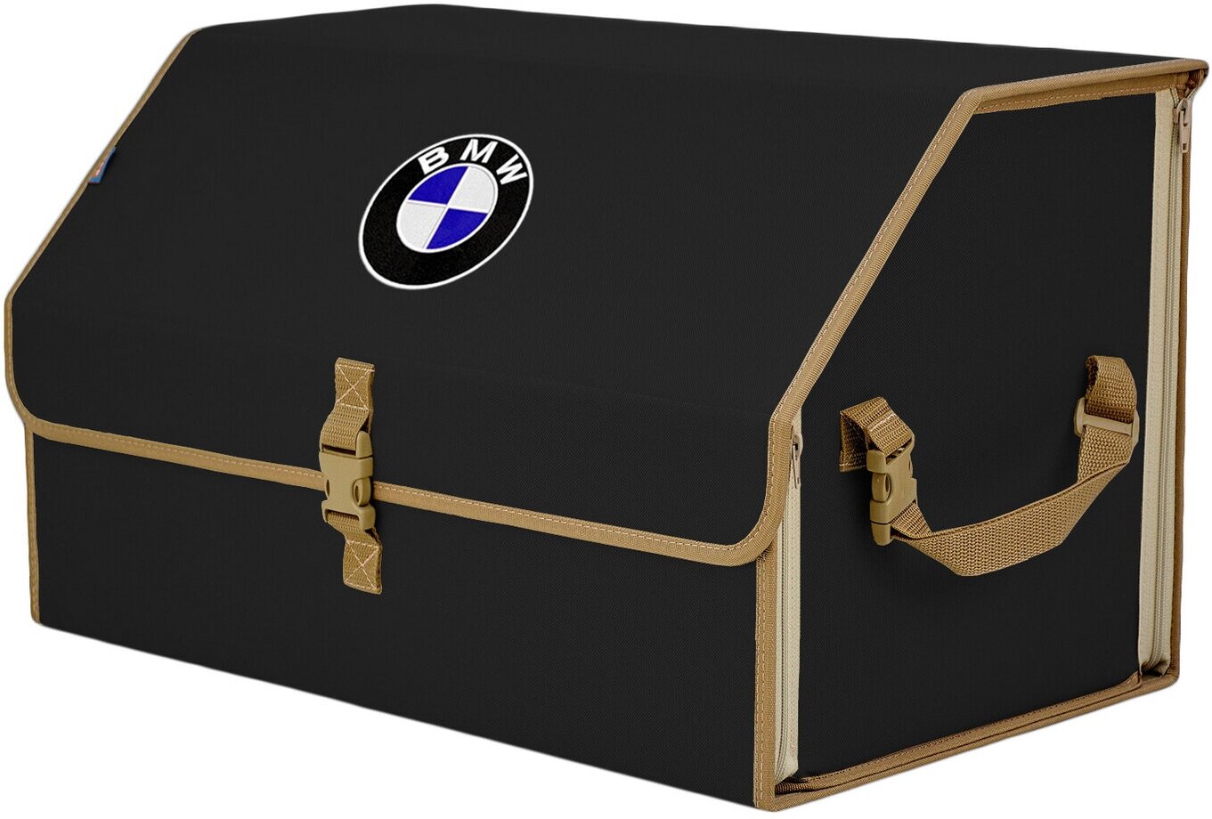 Органайзер-саквояж в багажник "Союз" (размер XL). Цвет: черный с бежевой окантовкой и вышивкой BMW (БМВ).
