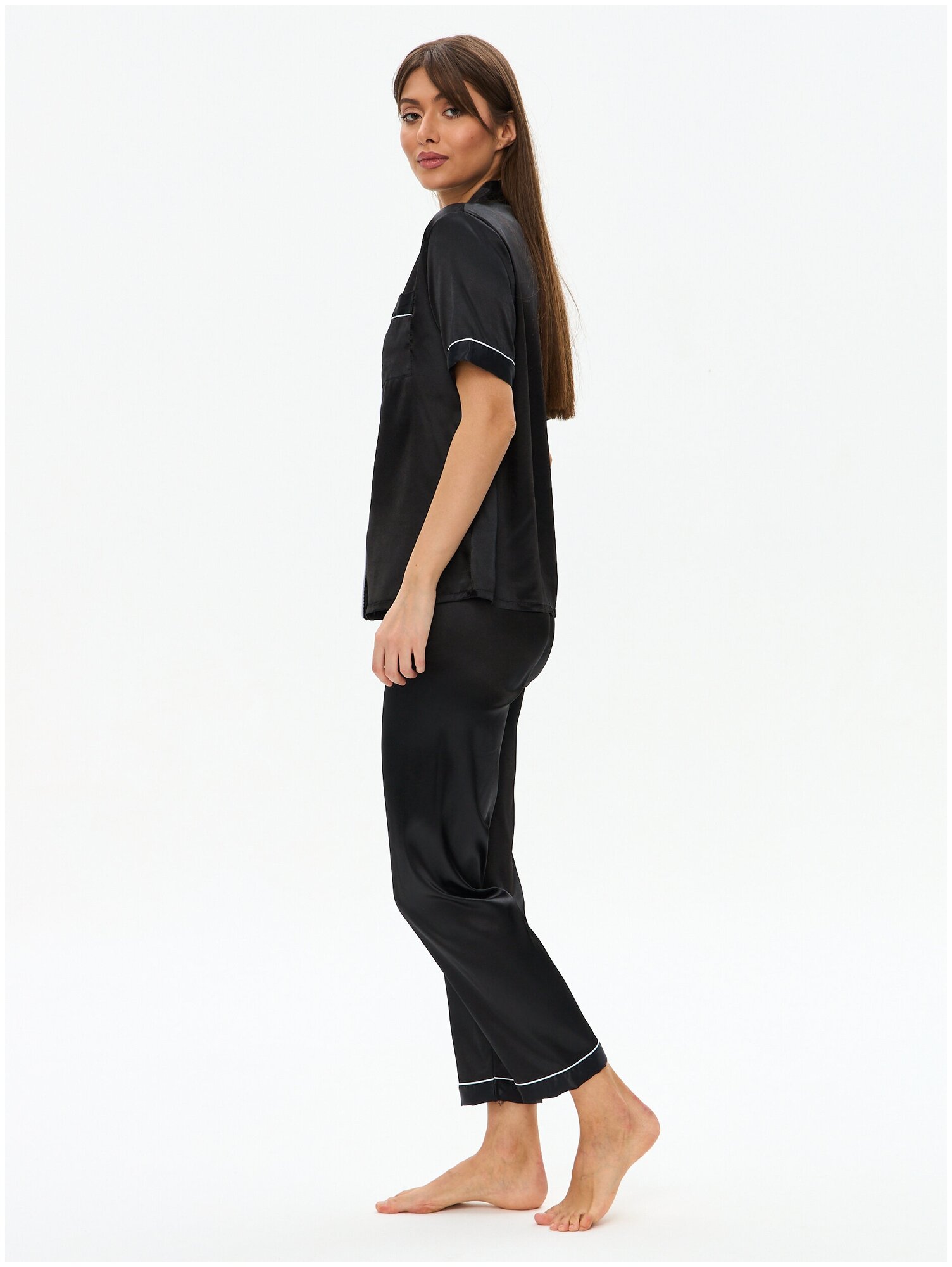 Пижама женская с брюками и рубашкой для сна, шелковая , атласная , домашняя одежда черная 42/M размер - фотография № 5