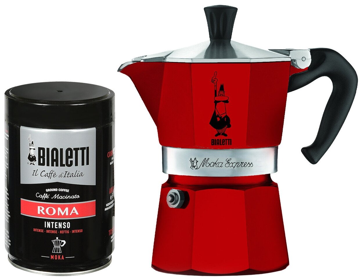 Набор Bialetti Moka Red 3 порции+кофе мол. Roma 250г