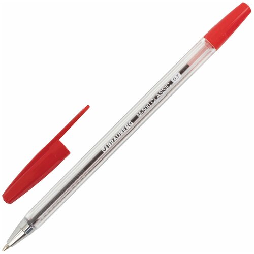 BRAUBERG Ручка шариковая Brauberg M-500 Classic, красная, корпус прозрачный, узел 0,7 мм, линия письма 0,35 мм, 143446, 50 шт.