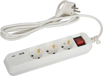 Удлинитель сетевой электрический с заземлением и выключателем ЭРА UB-3es-1,5m-USB 3 розетки, 1xUSBA+1xUSBC, 1,5м, 10А
