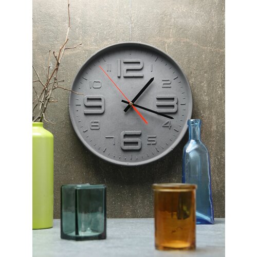 Часы настенные M.A.T.E круглые серые, тип В бесшумные интерьерные лофт, из бетона с плавным ходом на кухню, в гостиную, спальню с крупными цифрами