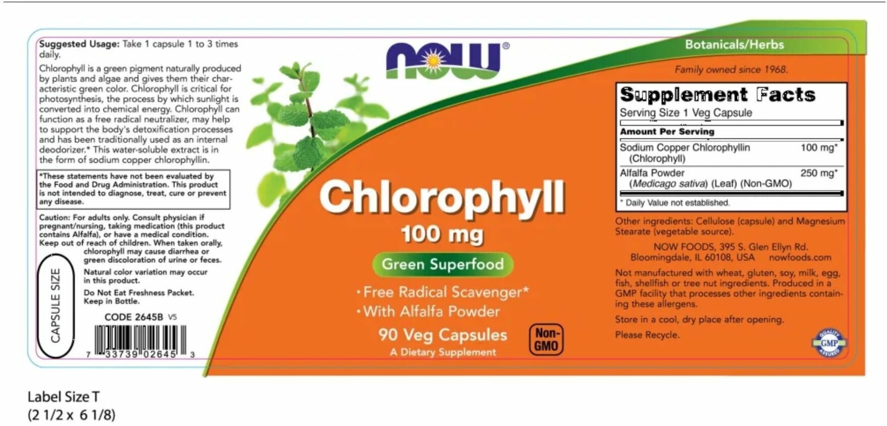 NOW Хлорофил CHLOROPHYLL 100mg пребиотик 90 капсул — фото 1