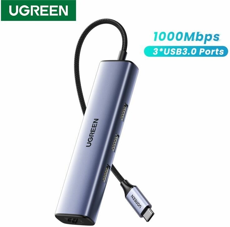 Концентратор UGREEN 60600 USB-C / 3*USB3.0 Hub+RJ45 (1000M) without power port, серый - фото №10