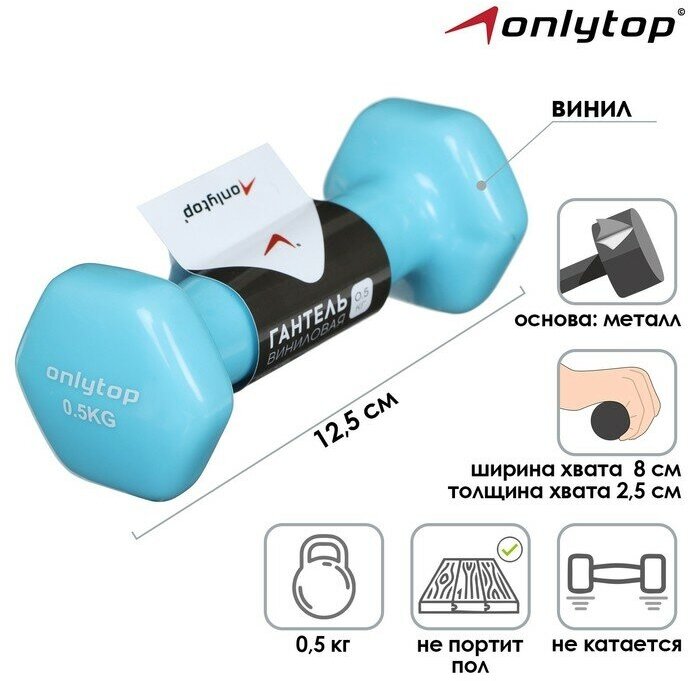 Гантель виниловая ONLYTOP, 0,5 кг, цвет голубой