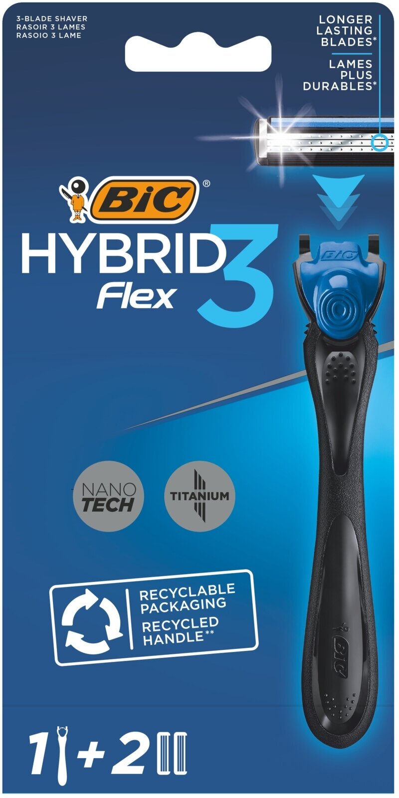 BIC / Бик Hybrid Flex3 Бритвенный станок мужской 3 лезвия, 1шт. + 2 сменные кассеты / уход за кожей для мужчин