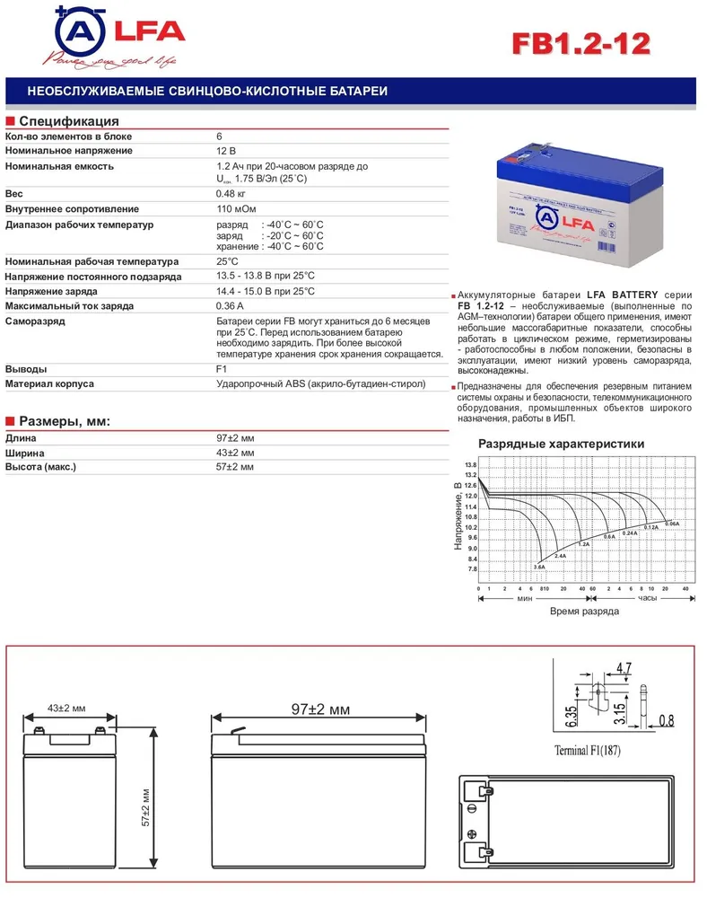 Аккумулятор ALFA FB 12-12 12В 12Ач (12V 12Ah) для детского электромобиля ИБП аварийного освещения кассовых терминалов весов GPS оборудования