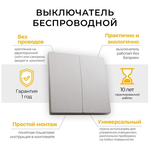 Кнопка-выключатель беспроводной FERON, TM82 230V, 500W, двухклавишный, серебро, 41720