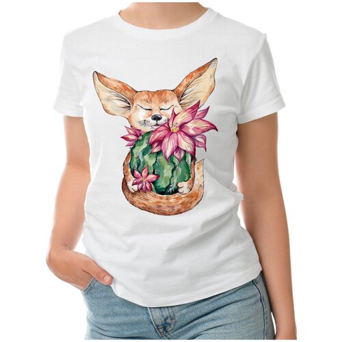 Женская футболка «Фенек лиса и цветущий кактус» (L, темно-синий)